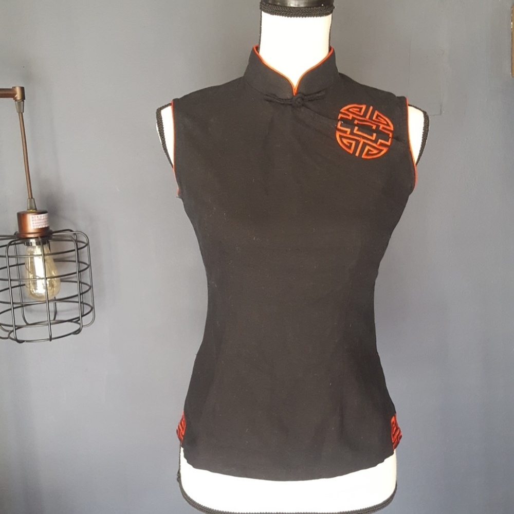 Chinese cotton shirt black with red trim